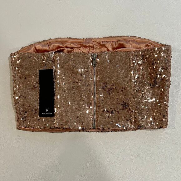 Lulus Rose Gold Sequin Bustier Crop Top Size S NWT Party Holiday Strapless - Picture 2 of 7